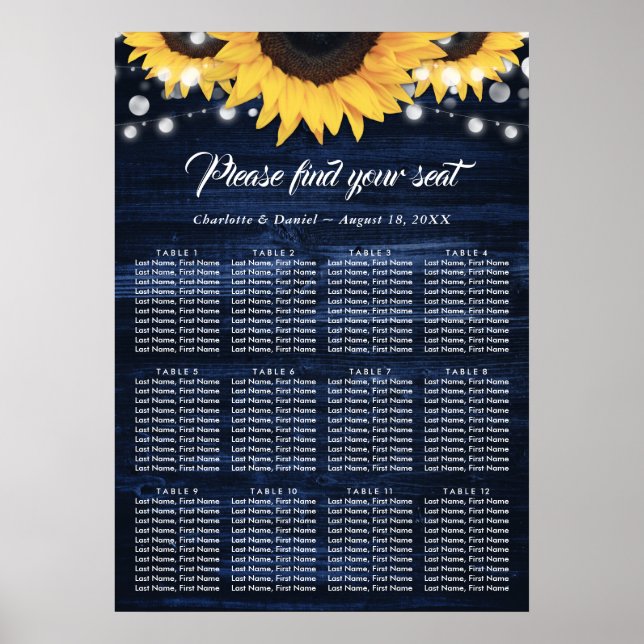 Navy Blue Sunflower Wedding Seating Chart 12 (Front)