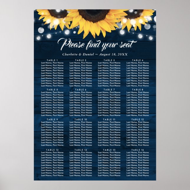 Navy Blue Sunflower Wedding Seating Chart 16 (Front)