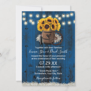 Navy Blue Sunflower Wood Barrel Rustic Wedding Invitation