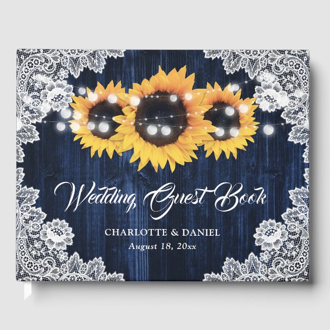 Navy Blue Sunflower Wood Floral Lace Wedding Guest Book (Front)