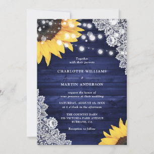 Navy Blue Sunflower Wood Floral Lace Wedding Invitation