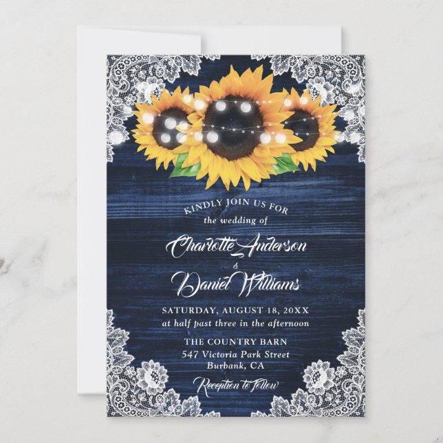 Navy Blue Sunflower Wood Floral Lace Wedding Invitation (Front)