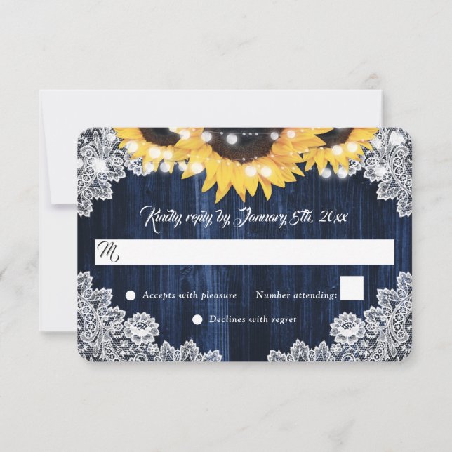 Navy Blue Sunflower Wood Floral Lace Wedding RSVP Card (Front)
