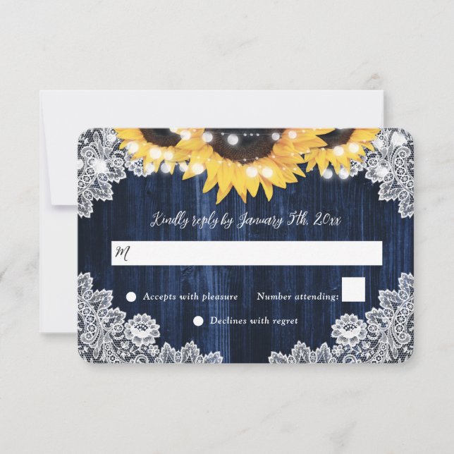 Navy Blue Sunflower Wood Floral Lace Wedding RSVP Card (Front)