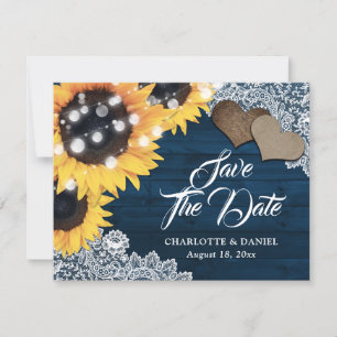 Navy Blue Sunflower Wood Lace Wedding Announcement