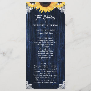 Navy Blue Sunflower Wood Lace Wedding Program Programme