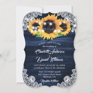 Navy Blue Sunflower Wood String Lights Wedding Invitation