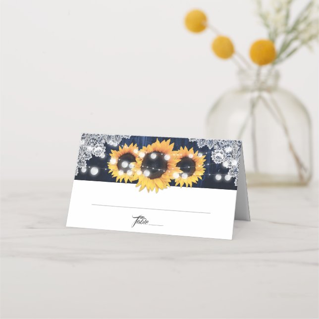 Navy Blue Sunflower Wood String Lights Wedding Place Card (Front)