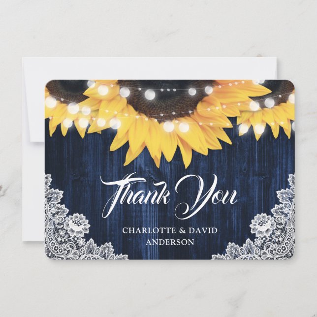 Navy Blue Sunflower Wood String Lights Wedding Thank You Card (Front)