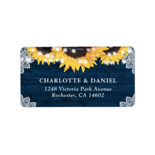 Navy Blue Sunflower Wood Wedding Address Labels
