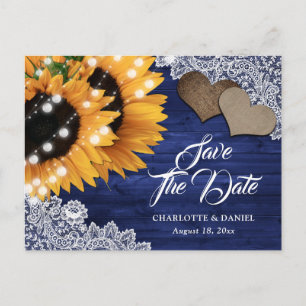 Navy Blue Sunflower Wood Wedding Save The Date Announcement Postcard
