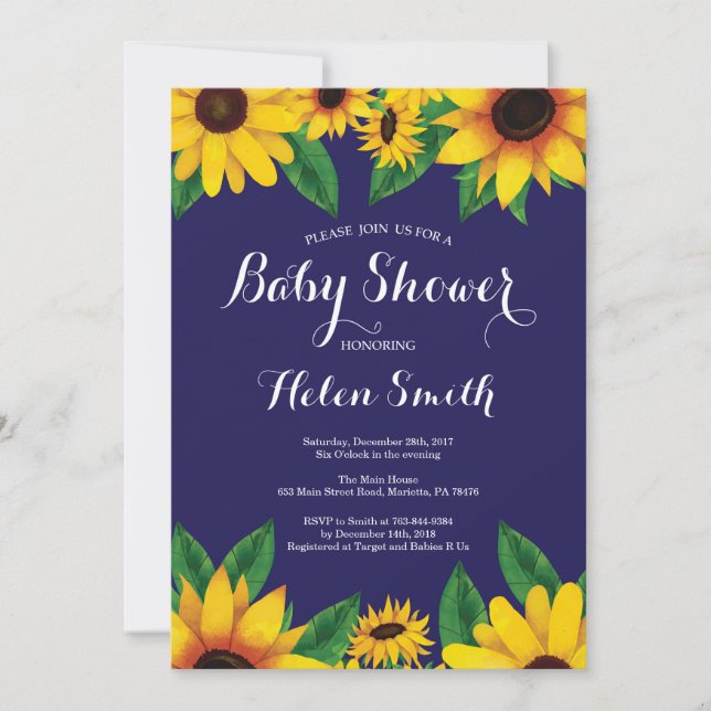 Navy Blue Sunflowers Baby Shower Invitation (Front)