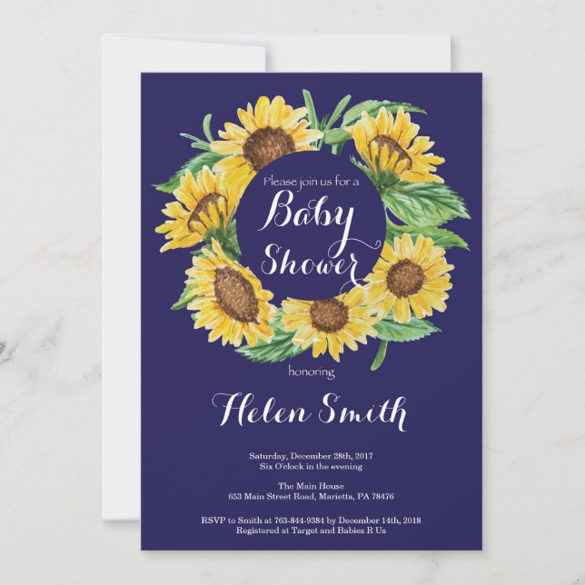 Navy Blue Sunflowers Baby Shower Invitation (Front)