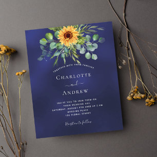 Navy blue sunflowers budget wedding invitation