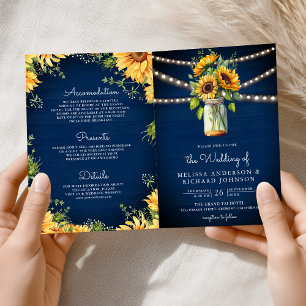 Navy Blue Sunflowers Mason Jar QR Code Wedding Invitation