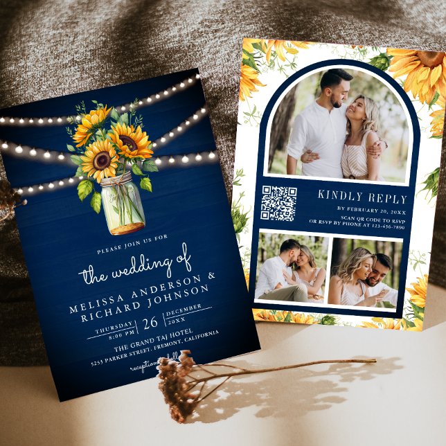 Navy Blue Sunflowers Mason Jar QR Code Wedding Invitation (Creator Uploaded)