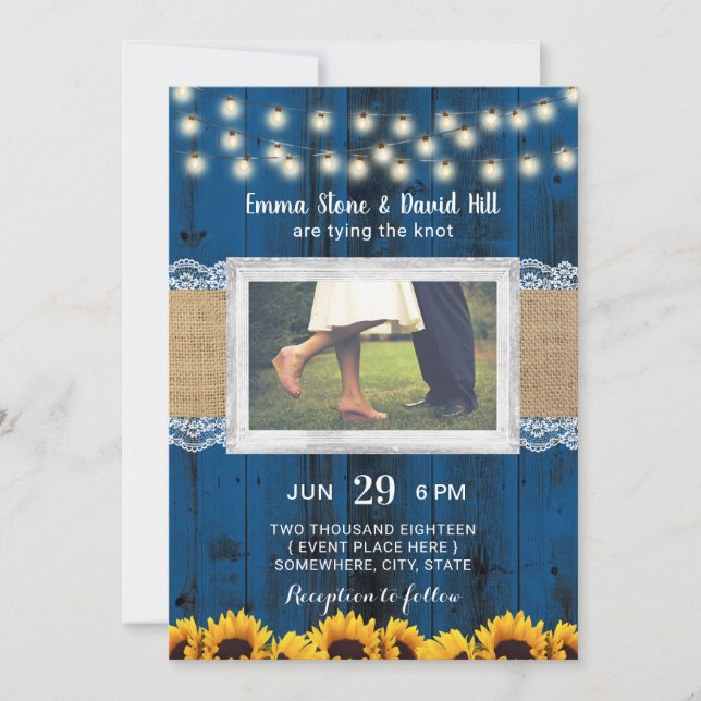 Navy Blue Sunflowers Rustc Wedding Photo Invitation (Front)