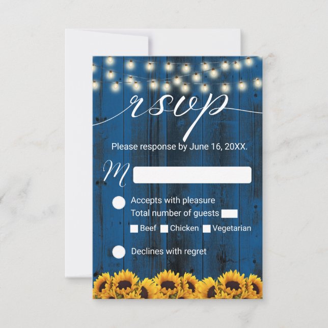 Navy Blue Sunflowers Rustic Wedding RSVP Card (Front)