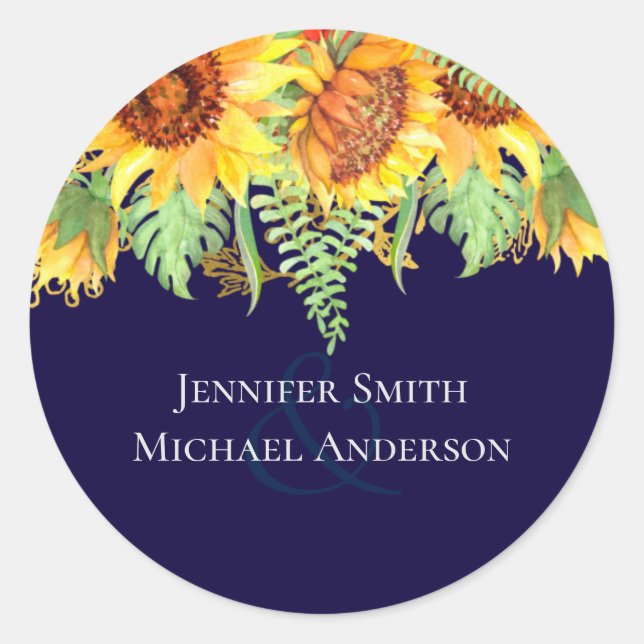 Navy Blue Sunflowers Wedding Modern Budget Classic Round Sticker (Front)