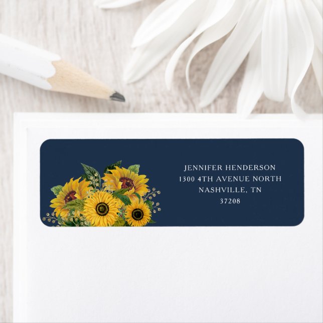 Navy Blue Sunflowers Wedding Return Address (Insitu)