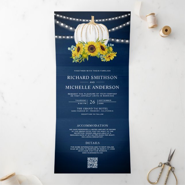 Navy Blue Sunflowers White Pumpkin QR Code Wedding Tri-Fold Invitation (Inside)
