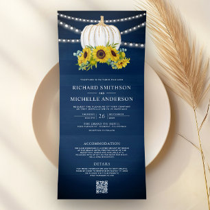 Navy Blue Sunflowers White Pumpkin QR Code Wedding Tri-Fold Invitation