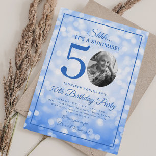Navy Blue SURPRISE Photo 50th Birthday Glam Lights Invitation
