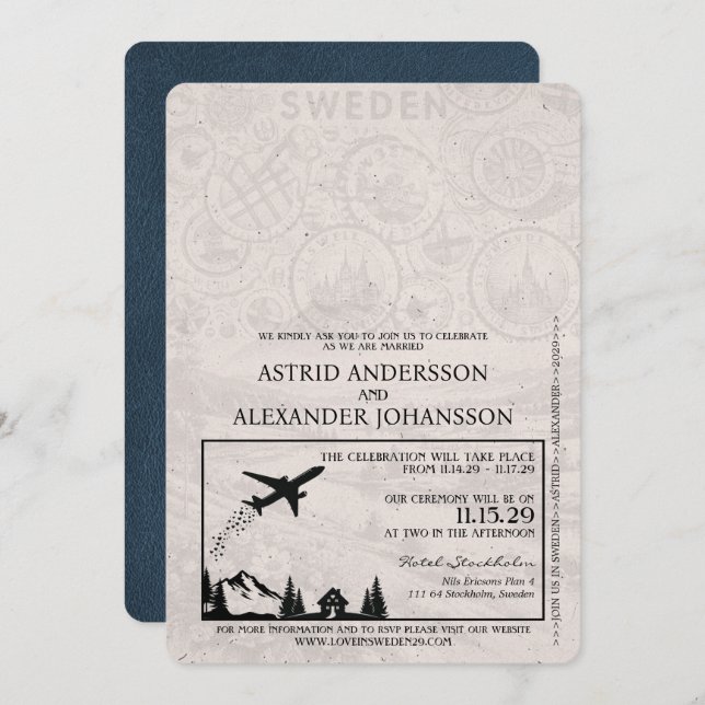 Navy Blue Sweden Passport Wedding Invitation (Front/Back)