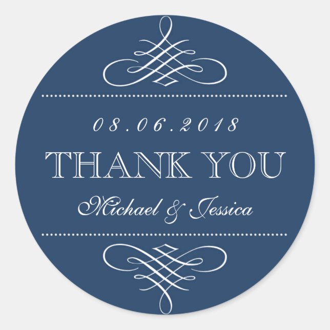 Navy Blue Swirl and Curl Ornament Wedding Stickers (Front)