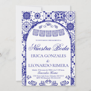 Navy Blue Talavera Papel Picado Spanish Wedding Invitation