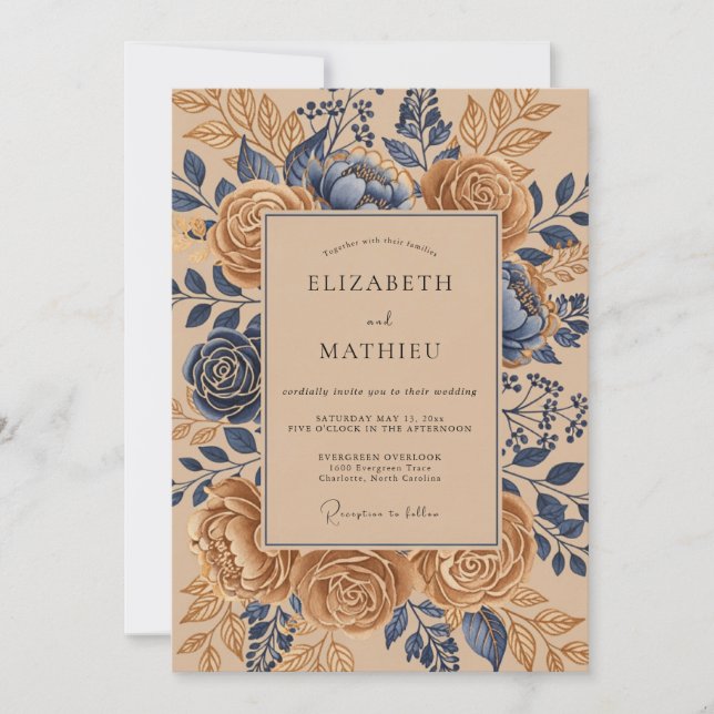 Navy Blue Tan Sublime Vintage Wedding Invitation (Front)