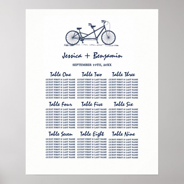 Navy Blue Tandem Bike Wedding Seating Chart Poster (Front)