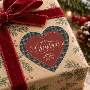 Navy Blue Tartan Plaid Merry Christmas Family Heart Sticker