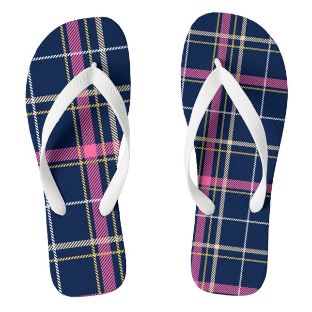 Navy Blue Tartan Plaid Navy Yellow White Pink Jandals (Footbed)