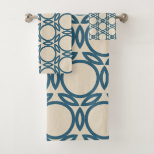 Navy Blue Taupe Geo Design Bath Towel Set