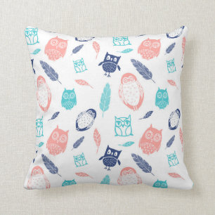Navy Blue Teal Coral Owls Illustration Pillow