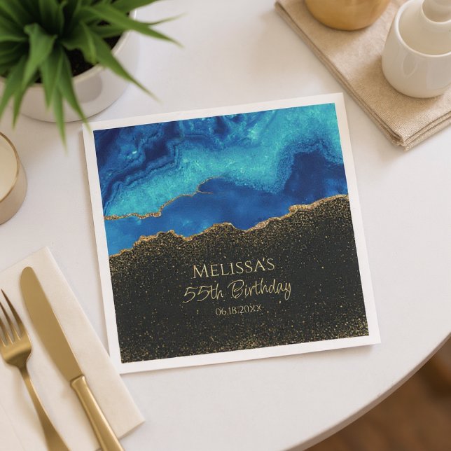 Navy Blue Teal Gold Glitter Abstract Watercolor  Napkin (Creator Uploaded)