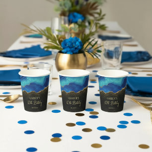 Navy Blue Teal Gold Glitter Abstract Watercolor  Paper Cups