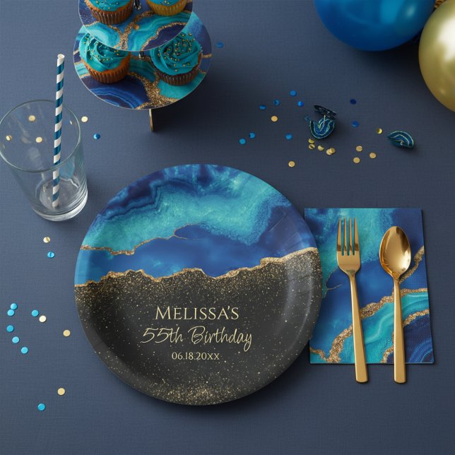 Navy Blue Teal Gold Glitter Abstract Watercolor  Paper Plate (Creator Uploaded)