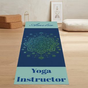 Navy Blue Teal Holy Lotus Mandala Yoga Instructor Mat