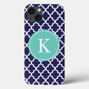 Navy Blue Teal Moroccan Pattern Monogram iPhone 13 Case