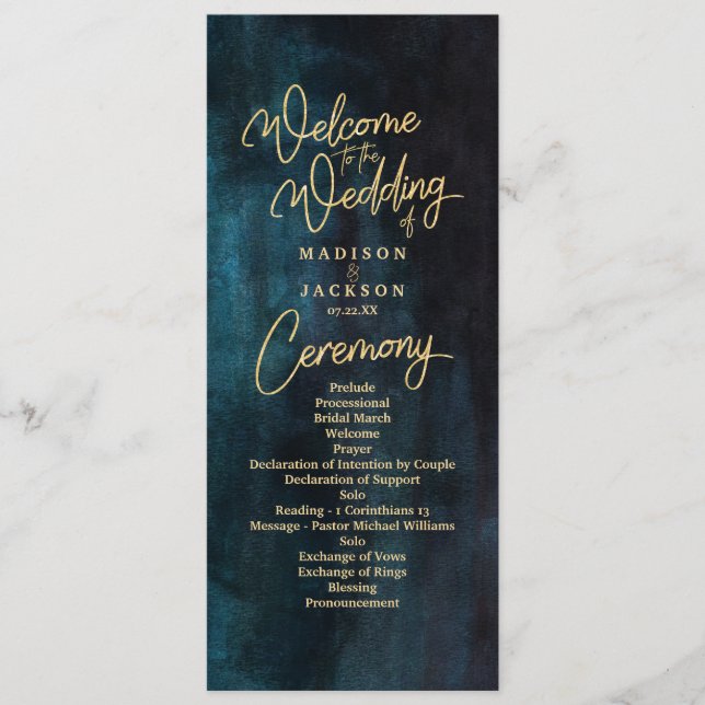 Navy Blue & Teal Watercolor Gold Wedding Program Programme (Front)