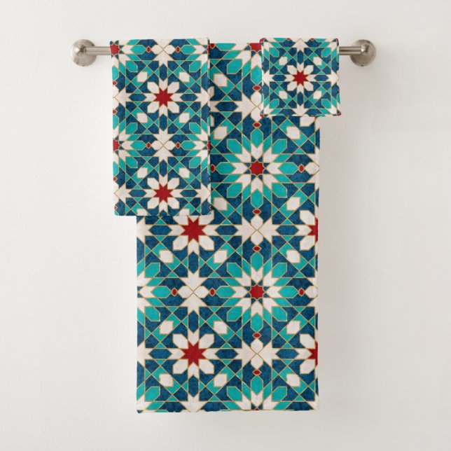 Navy Blue Teal White Red Marble Moroccan Mosaic Bath Towel Set (Insitu)