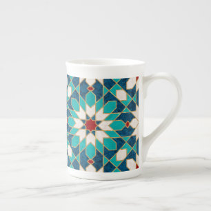 Navy Blue Teal White Red Marble Moroccan Mosaic Bone China Mug