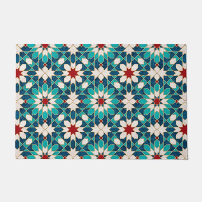 Navy Blue Teal White Red Marble Moroccan Mosaic  Doormat (Front)