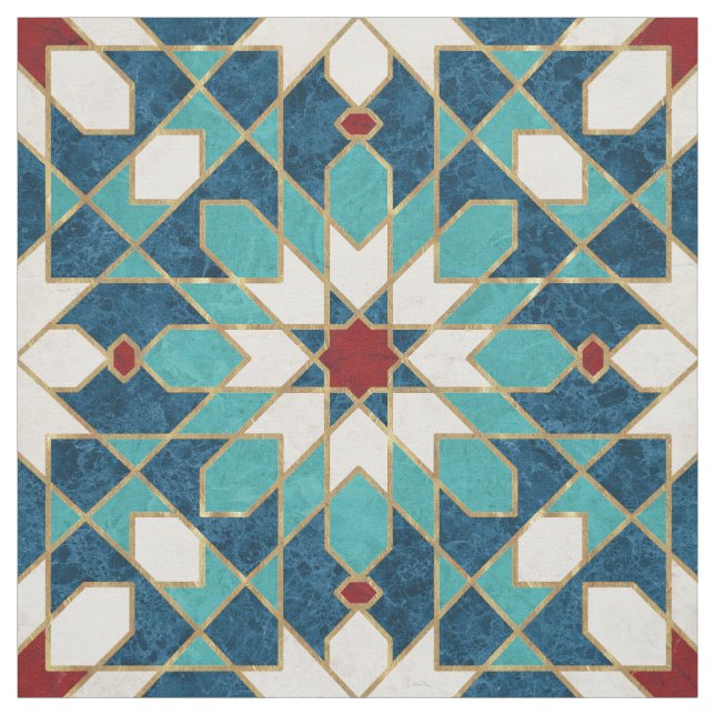 Navy Blue Teal White Red Marble Moroccan Mosaic Fabric (Swatch)