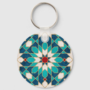 Navy Blue Teal White Red Marble Moroccan Mosaic  Key Ring