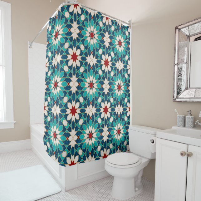 Navy Blue Teal White Red Marble Moroccan Mosaic Shower Curtain (In Situ)