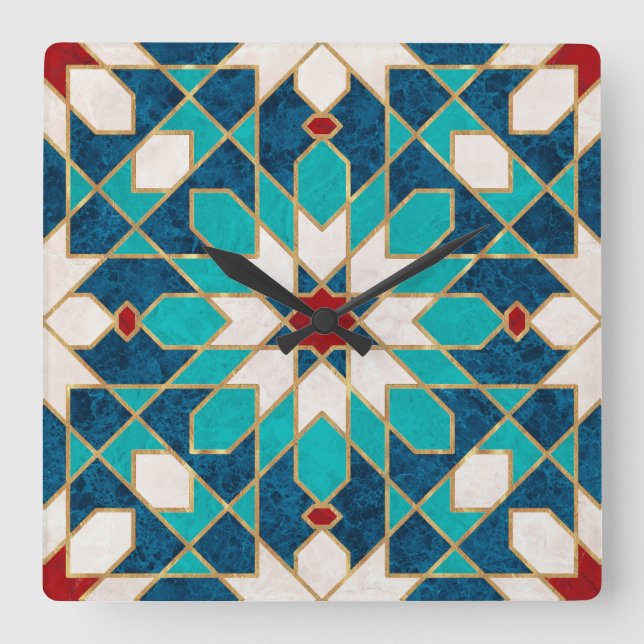 Navy Blue Teal White Red Marble Moroccan Mosaic  Square Wall Clock (Front)