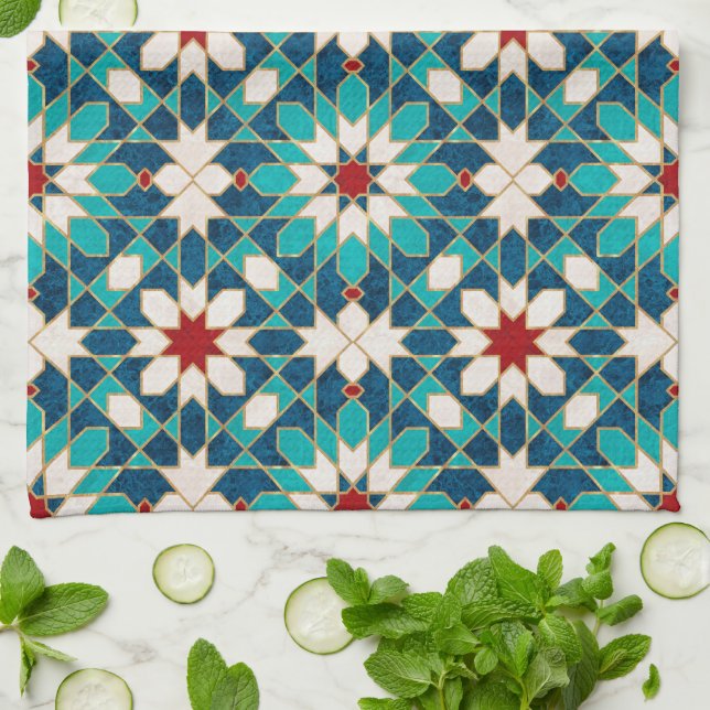 Navy Blue Teal White Red Marble Moroccan Mosaic Tea Towel (Folded)